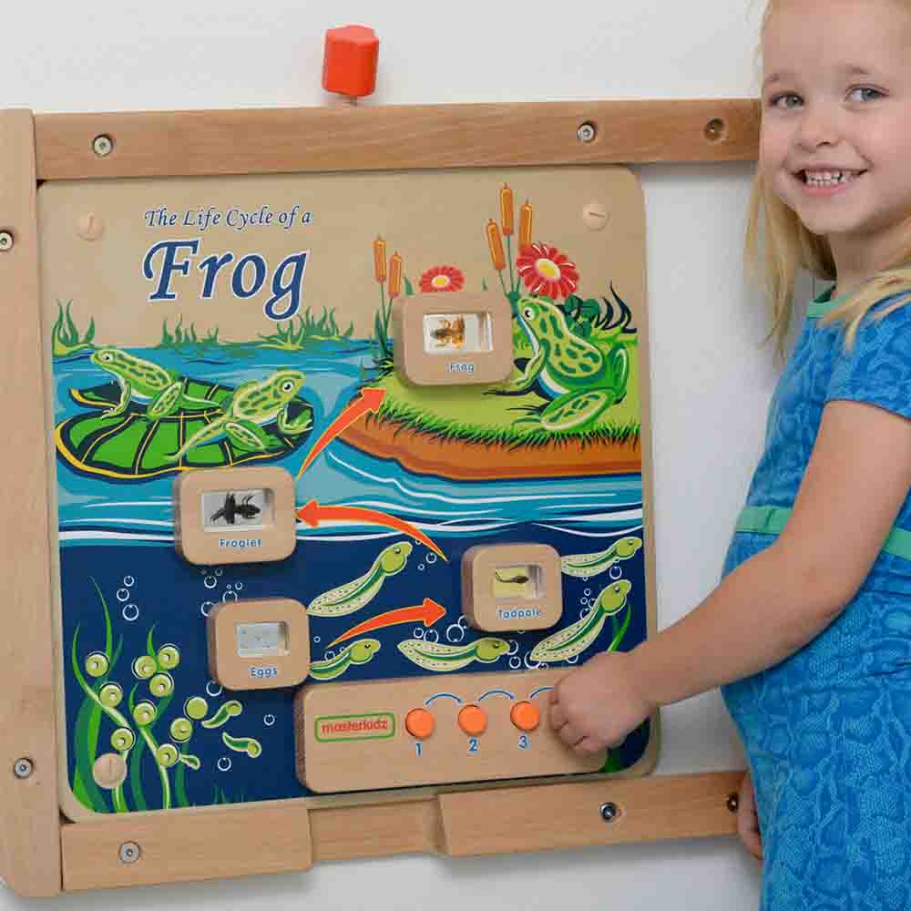Children exploring frog metamorphosis with light-up science wall