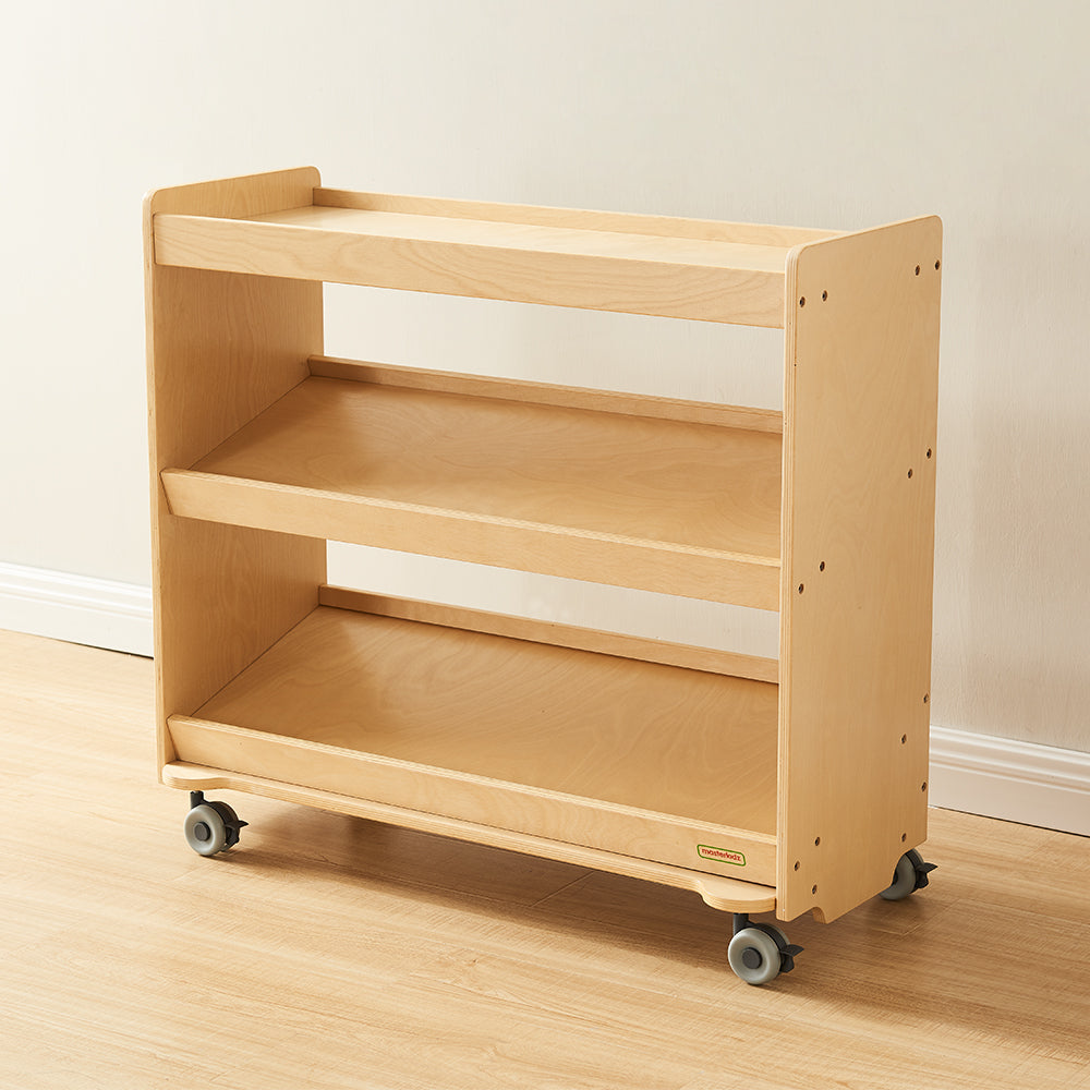 Mobile shelving unit with lockable castors for safe classroom use.