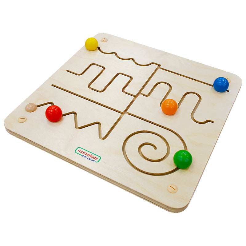 Sliding maze board with waves, spiral, and straight lines for hand-eye coordination and cognitive learning