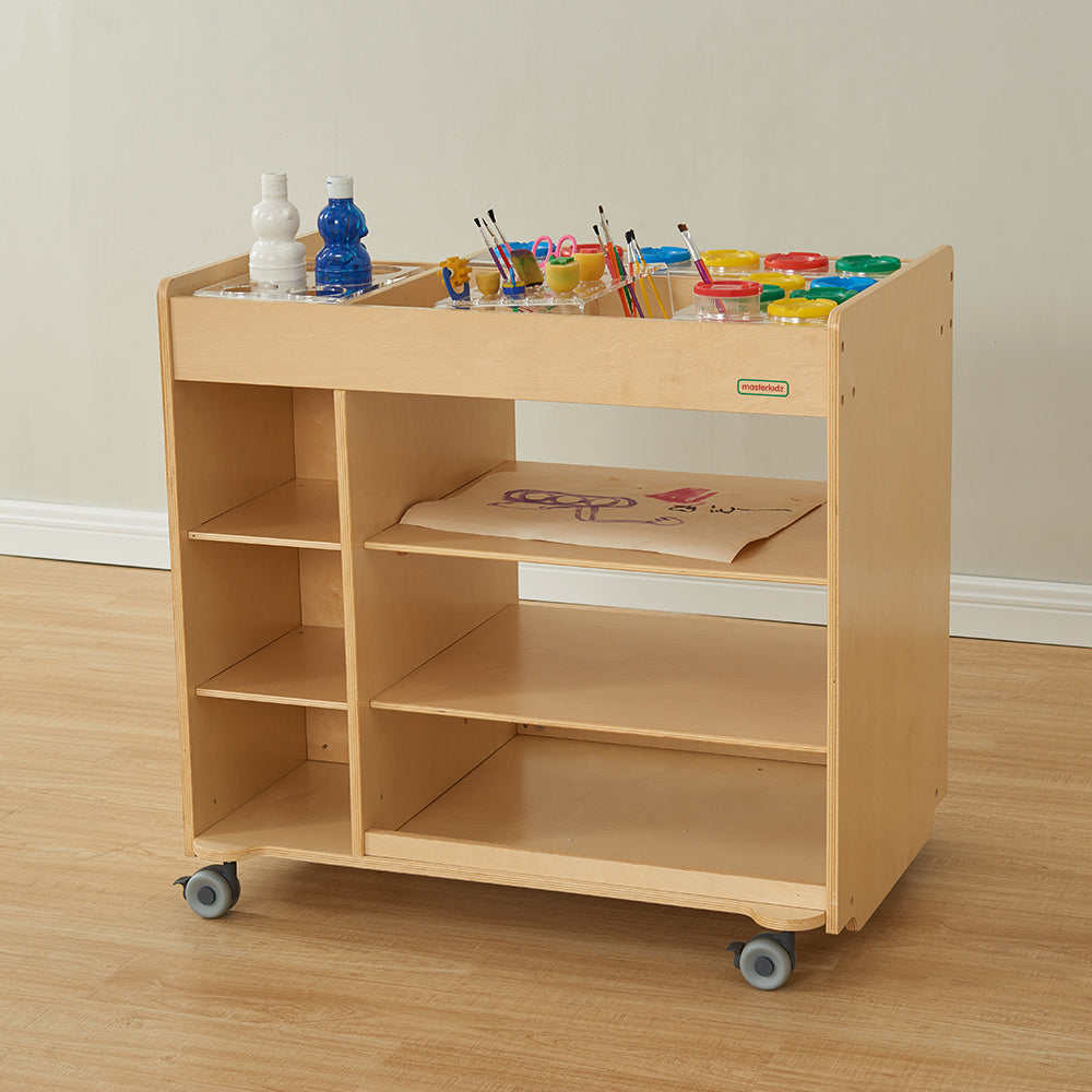 Three spacious storage shelves for paper, fabric, pens and craft materials.