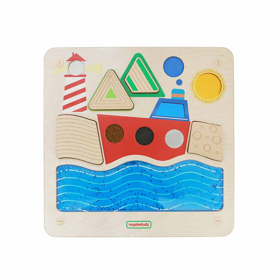 Ocean-themed sensory wall panel with tactile and visual elements.