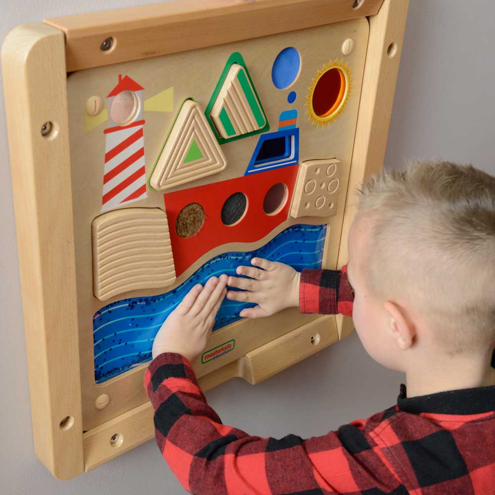 Masterkidz sensory toy featuring textures, fluid bag, and mirror components.