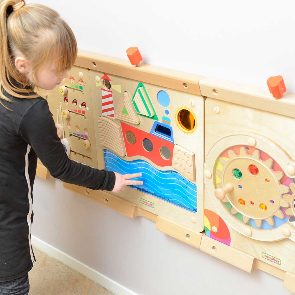 Durable wooden sensory panel for classrooms and therapy rooms.