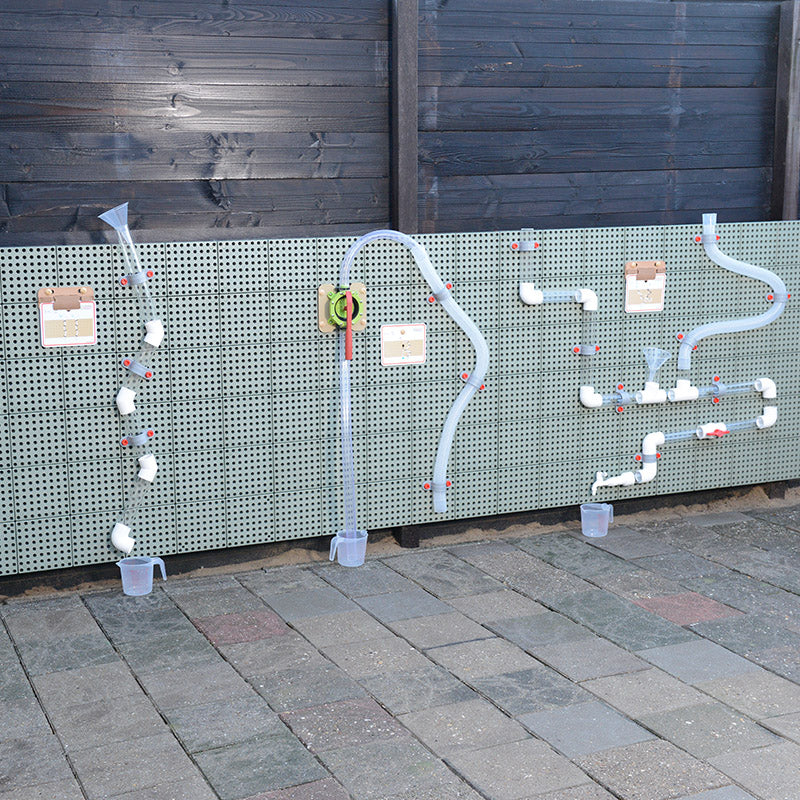 STEM learning setup with multiple tube connections and colourful wooden balls.