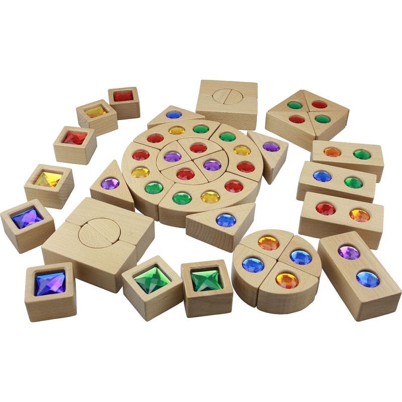 40 Beech Wood blocks with embedded colourful acrylic gemstones in 5 colors, designed for toddlers’ sensorial and fine motor development