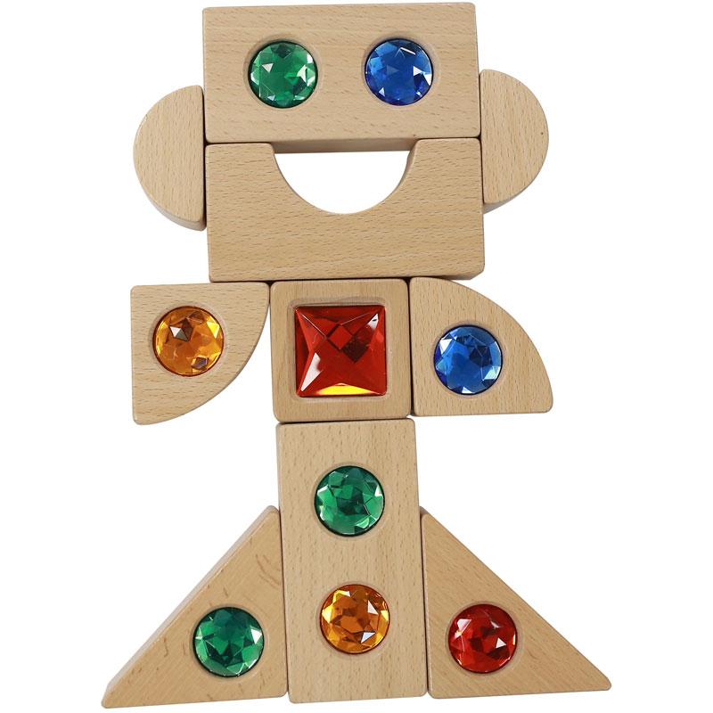 Educational 40-piece Beech Wood block set with vibrant acrylic gemstones, ideal for classroom activities and home learning