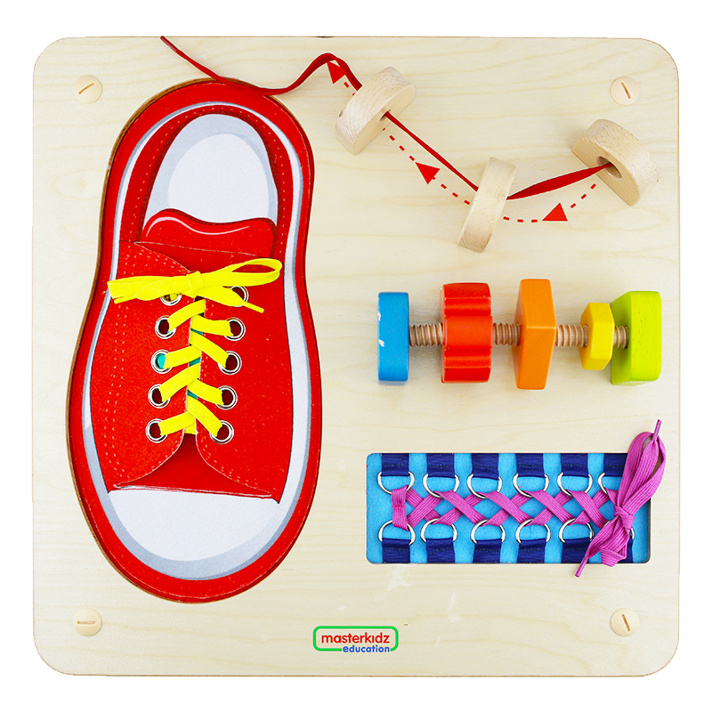 Educational wall toy with giant red shoe for lacing and tying skills