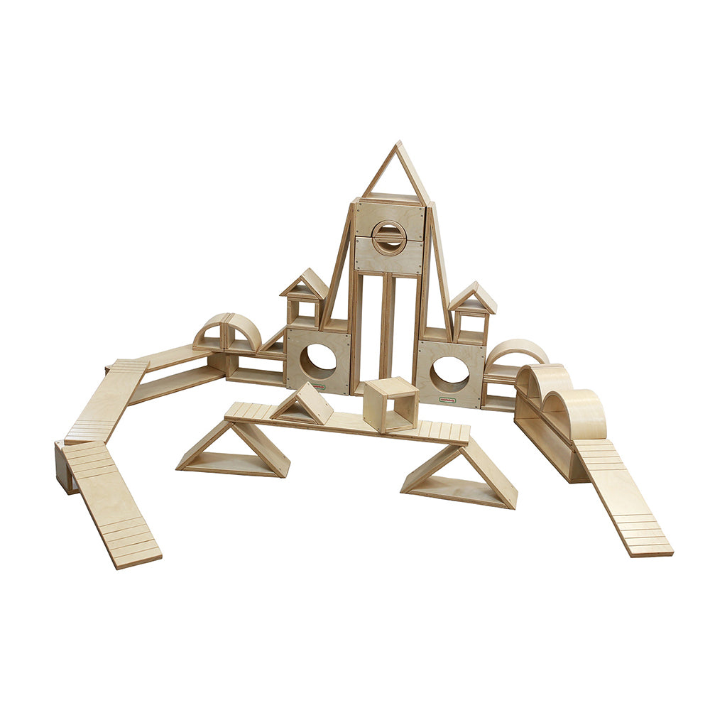 Toddlers stacking Masterkidz Giant Hollow Blocks 35Pc Set made of durable plywood with rounded edges and smooth natural finish at home