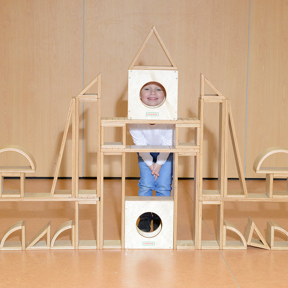 Masterkidz 35-piece giant hollow blocks with smooth natural finish, ideal for constructing large structures at daycare or home