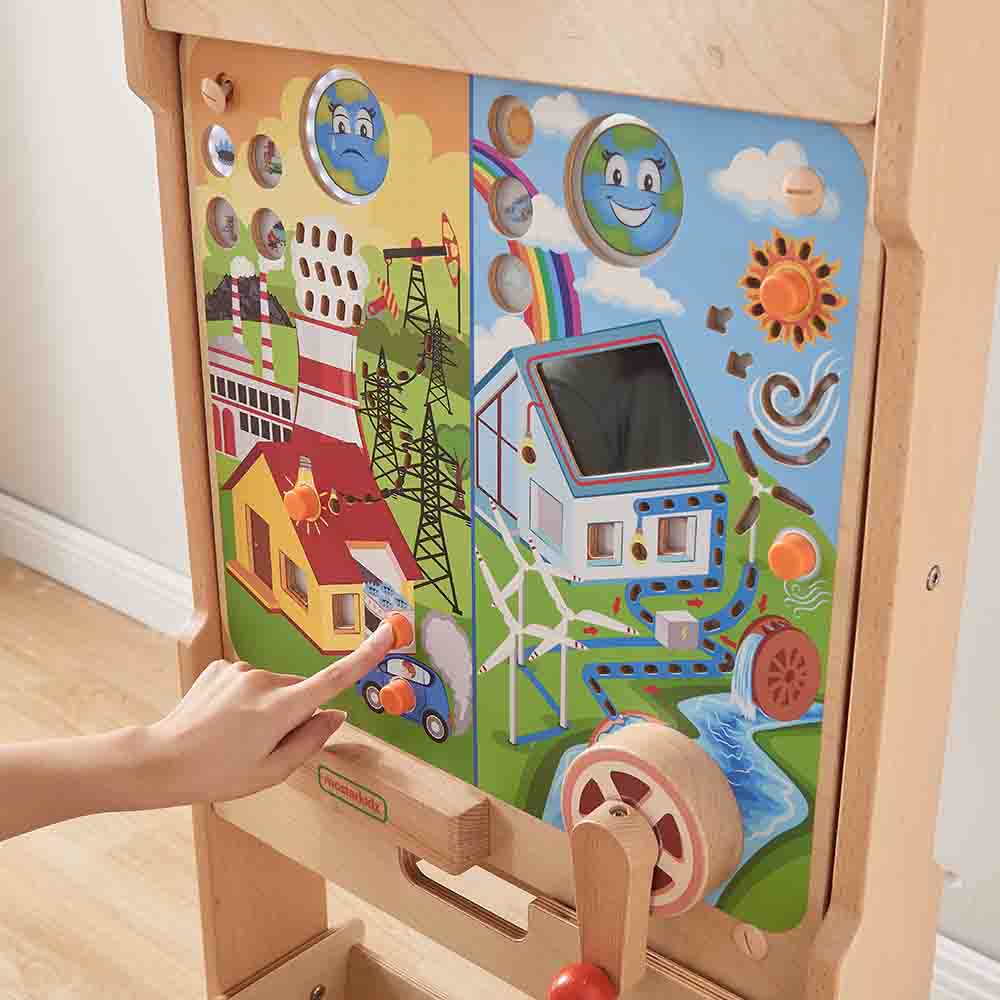 Children learning renewable energy with solar powered school toy