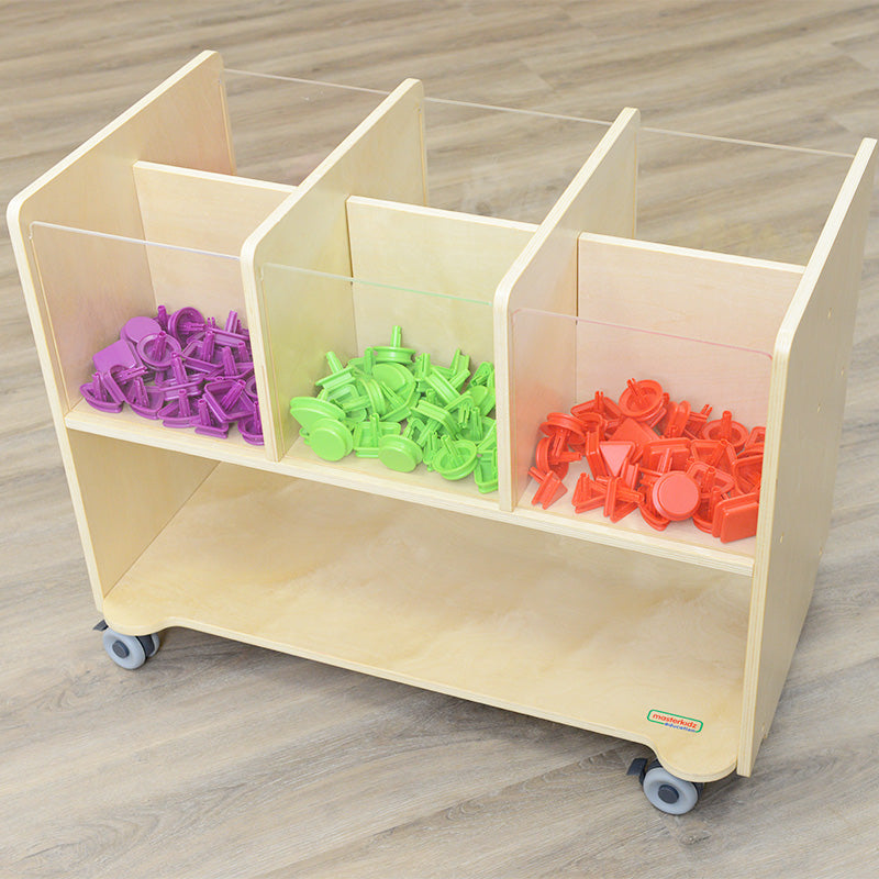 Educational toy and book organizer with lockable casters for kids