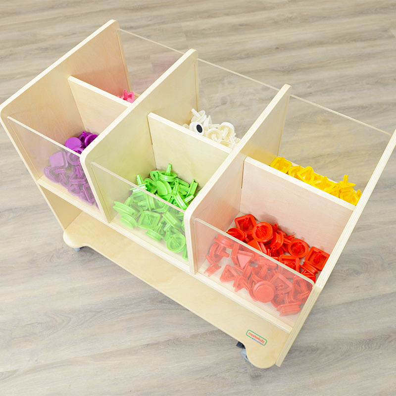 Six-compartment educational storage station for toys, books, and learning materials