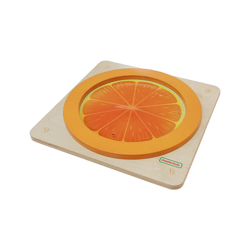 Kids pressing orange fluid sensory panel for hand-eye coordination