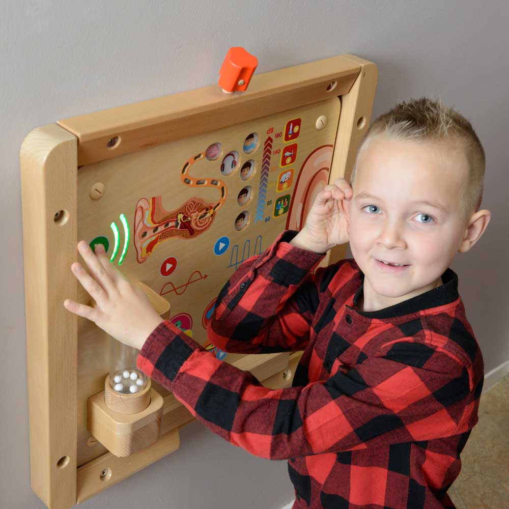 Screen-free sound and hearing STEM wall board