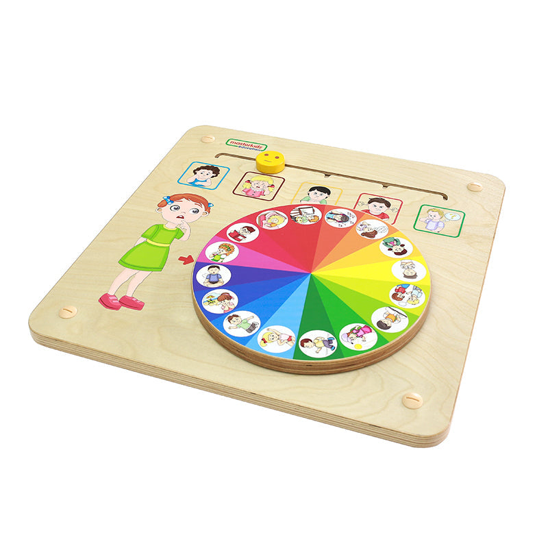 Masterkidz emotional learning wall panel – durable wooden board with interactive spinning wheel