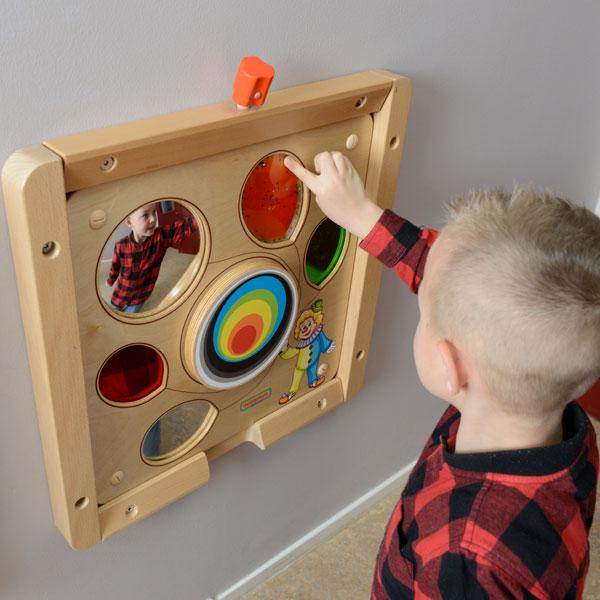Montessori sensory wall board with clown and balloon design