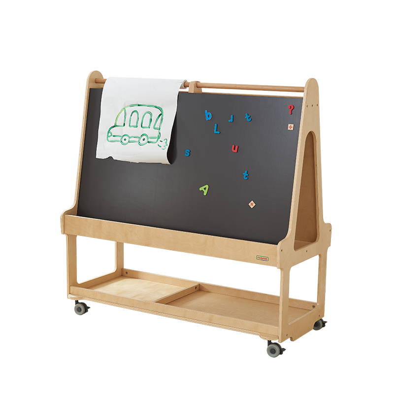 Kids using large wooden easel for painting and craft activities