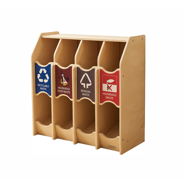 Kids’ recycling station toy with four coloured waste sorting chutes.