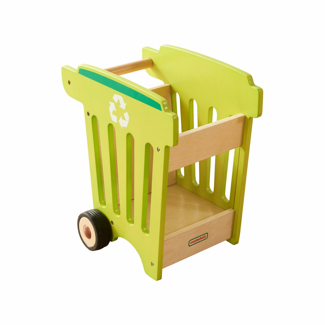 Portable wooden recycling station toy with smooth-rolling wheels.