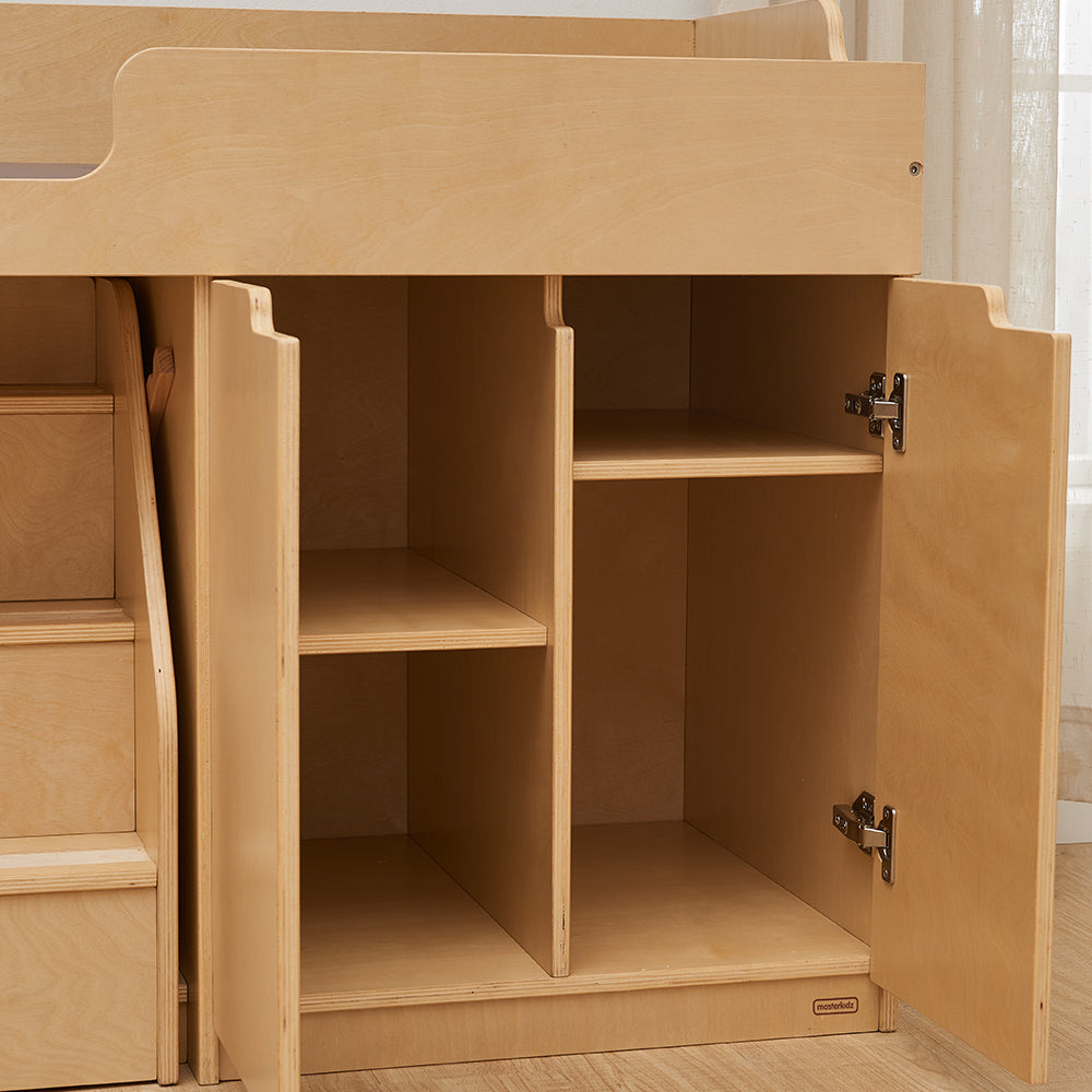 Masterkidz toddler changing table with pull-out stairs, durable nursery furniture designed for 3+ kids and daycare use.