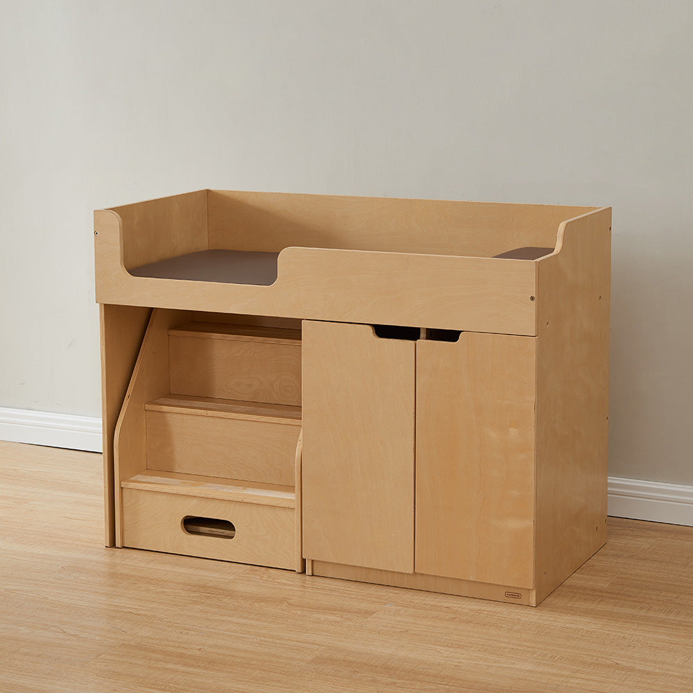 Pull-out stairs on Masterkidz diaper changing station for toddlers, ideal for daycare or childcare centers.