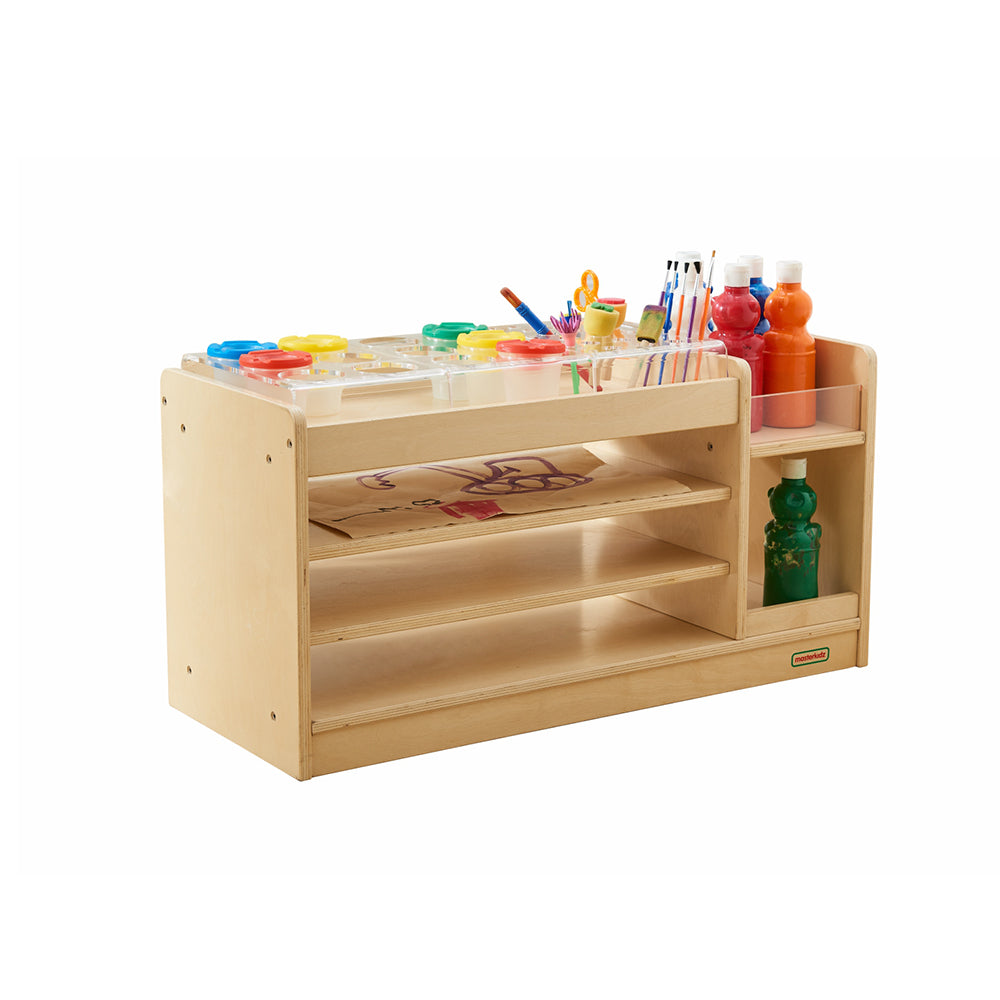 Multiple storage compartments for paints, brushes, and craft tools.