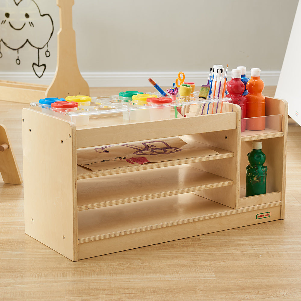 Low-height toddler art station designed for easy self-selection.