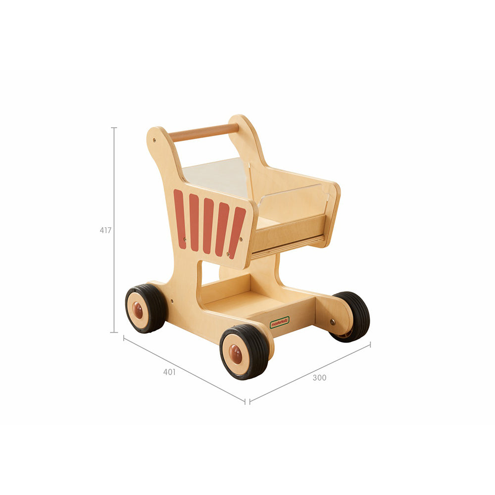 Kids pushing wooden shopping cart for balance training