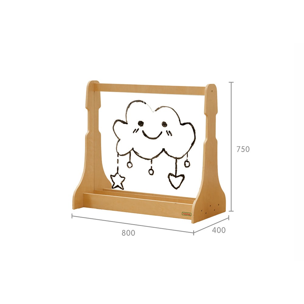 Dual-sided tray for storing paints, brushes, pens, and water pots.