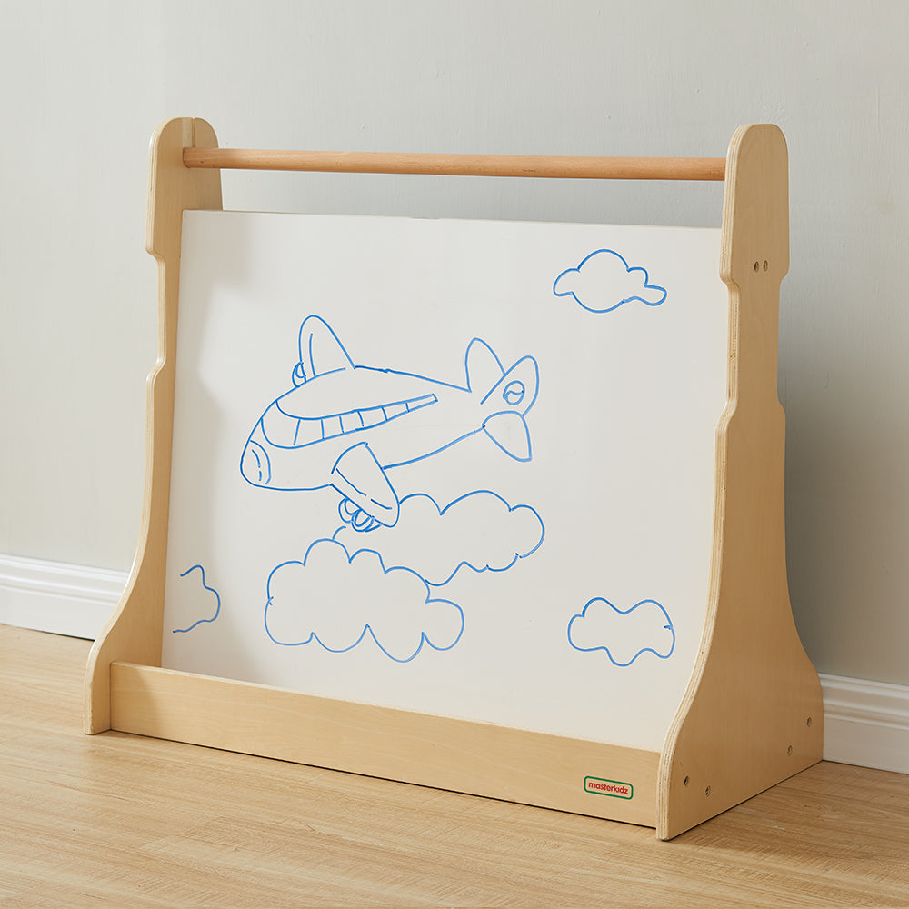 Dual-sided easel with whiteboard and magnetic blackboard for versatile classroom use.