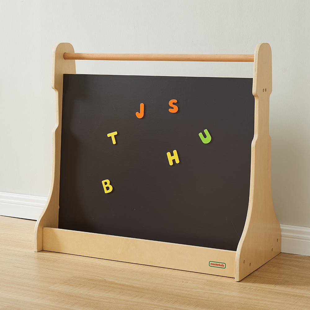 Top-mounted paper roll holder for continuous art and drawing activities.