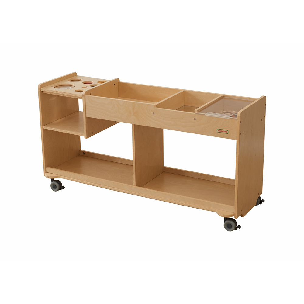 Masterkidz Mobile Science Exploration Table featuring natural wood finish and lockable wheels.
