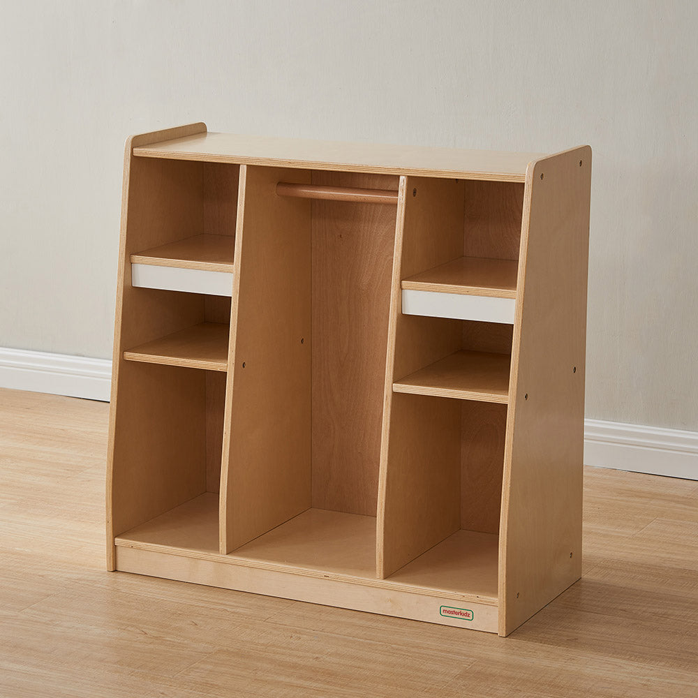 Children organizing dress-up accessories in Masterkidz role play storage cabinet