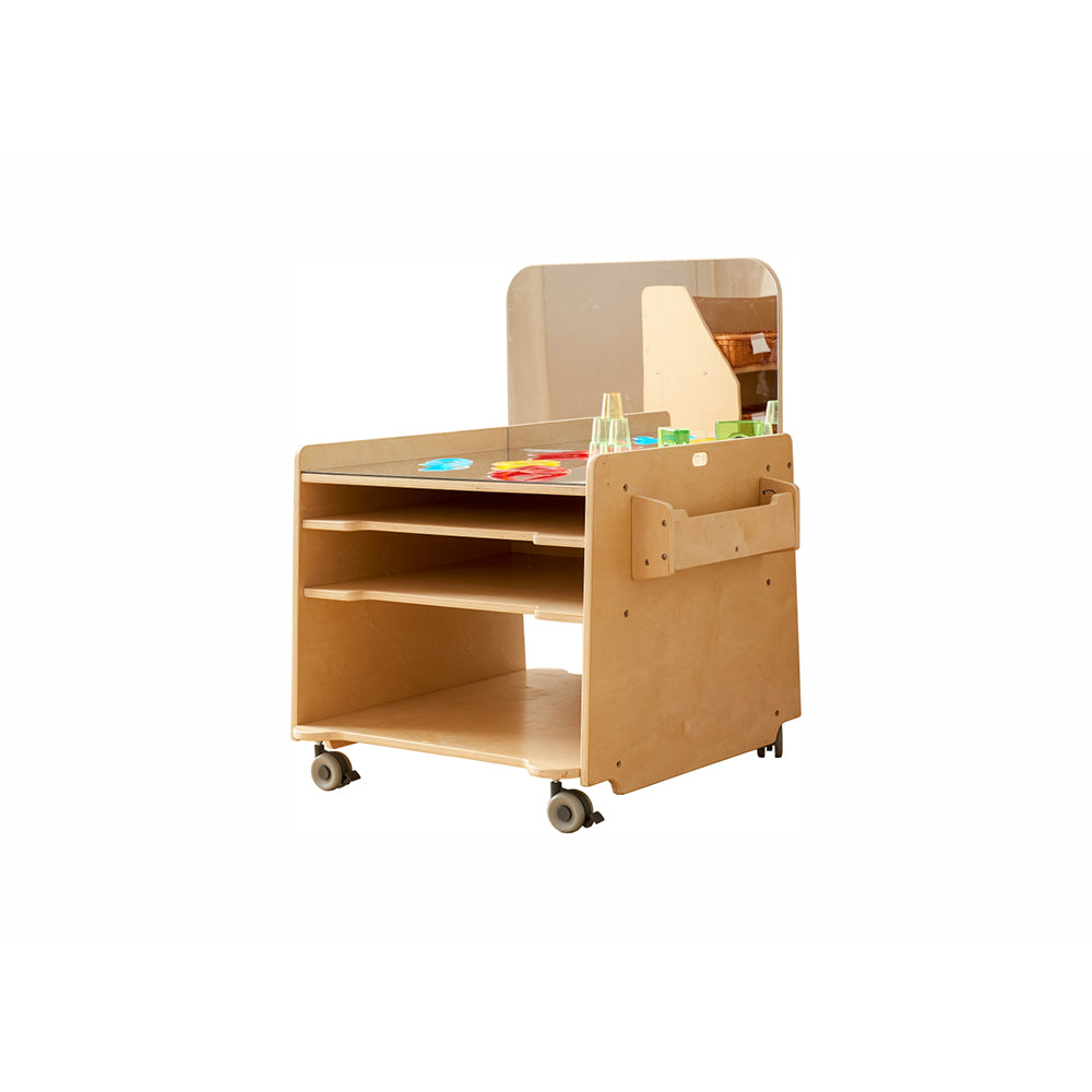 Masterkidz Mobile Sensory Mirror Table with L-shaped acrylic mirrors and natural wood storage base.