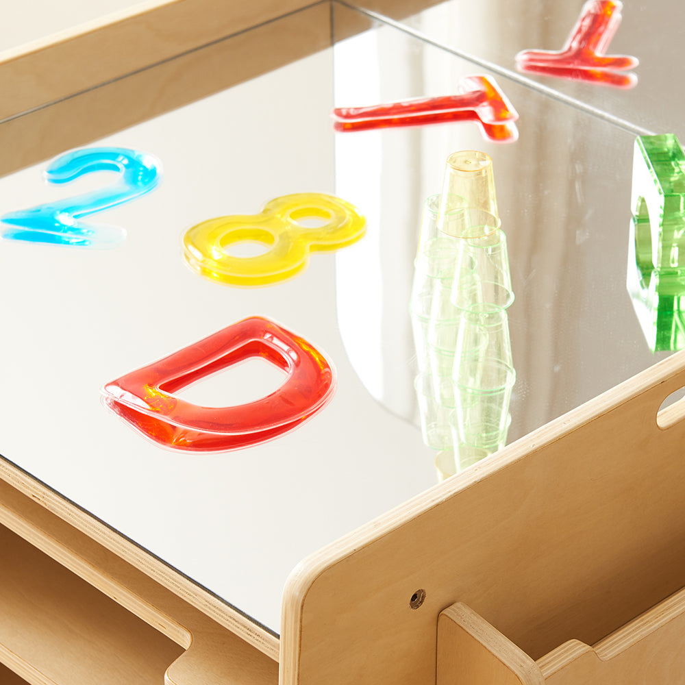 Masterkidz Mirror Table used with a 540L light panel, showing vibrant reflections and color-changing effects.