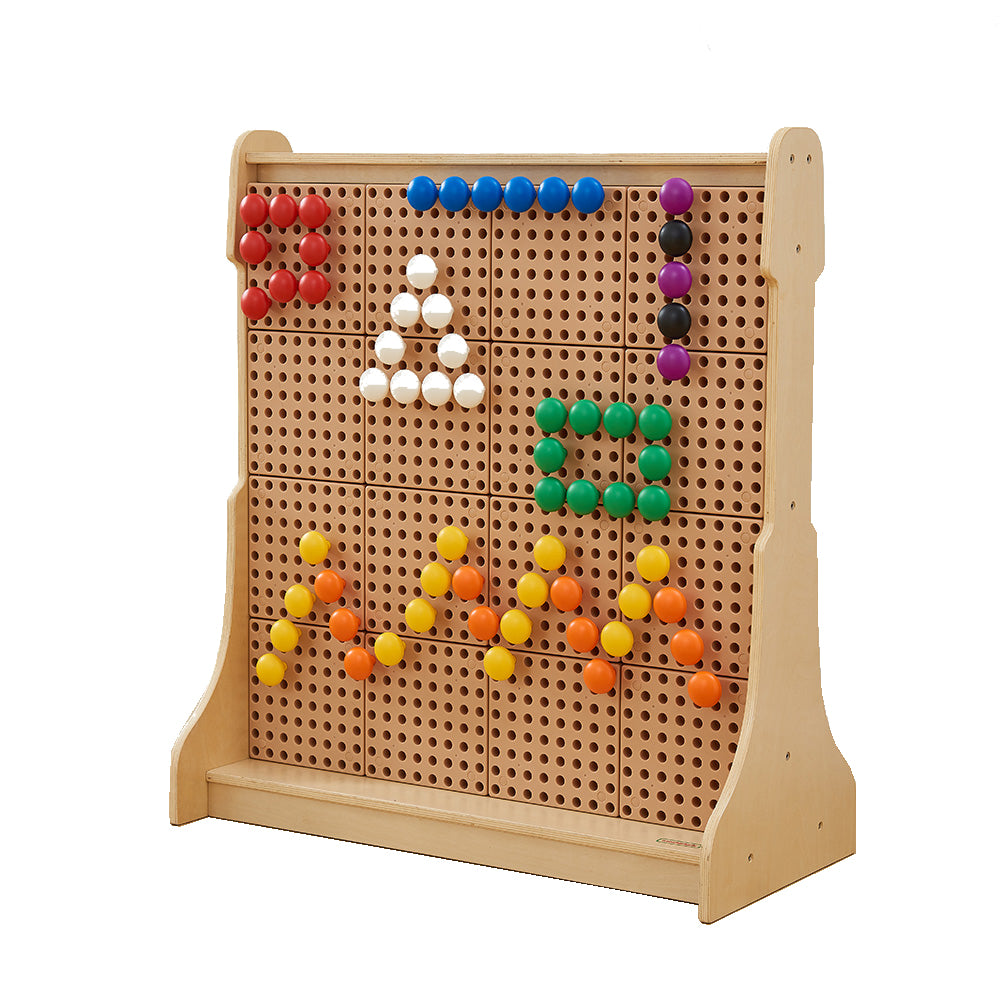 Wooden STEM wall for toddlers with peg and gear options