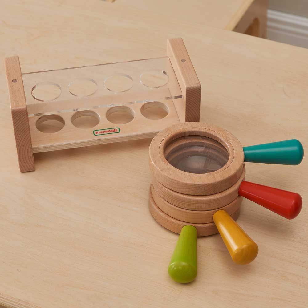 Masterkidz wooden magnifier set with 4 colourful magnifying lenses