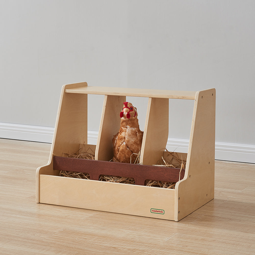 Masterkidz Happy Farming Hen House 1 with wooden nesting box and pretend eggs.