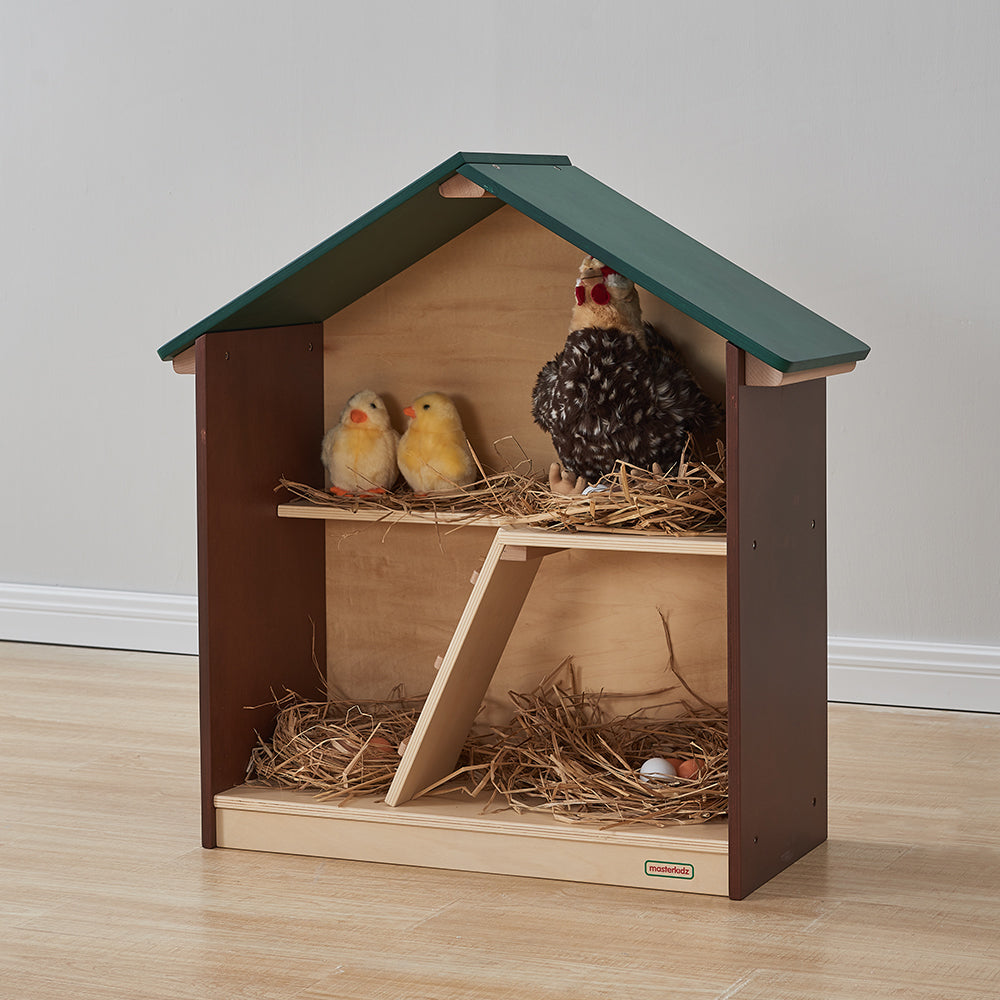 Masterkidz Happy Farming Hen House 2 with wooden nesting box and pretend eggs.