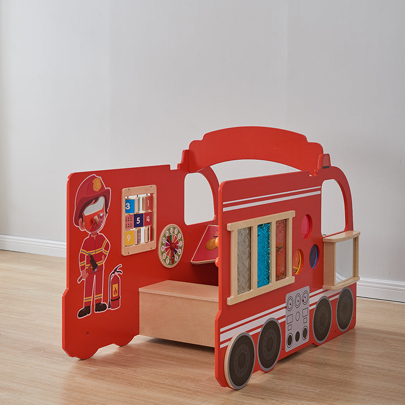 Children playing firefighter with Masterkidz Fire Engine set at home for imaginative emergency response