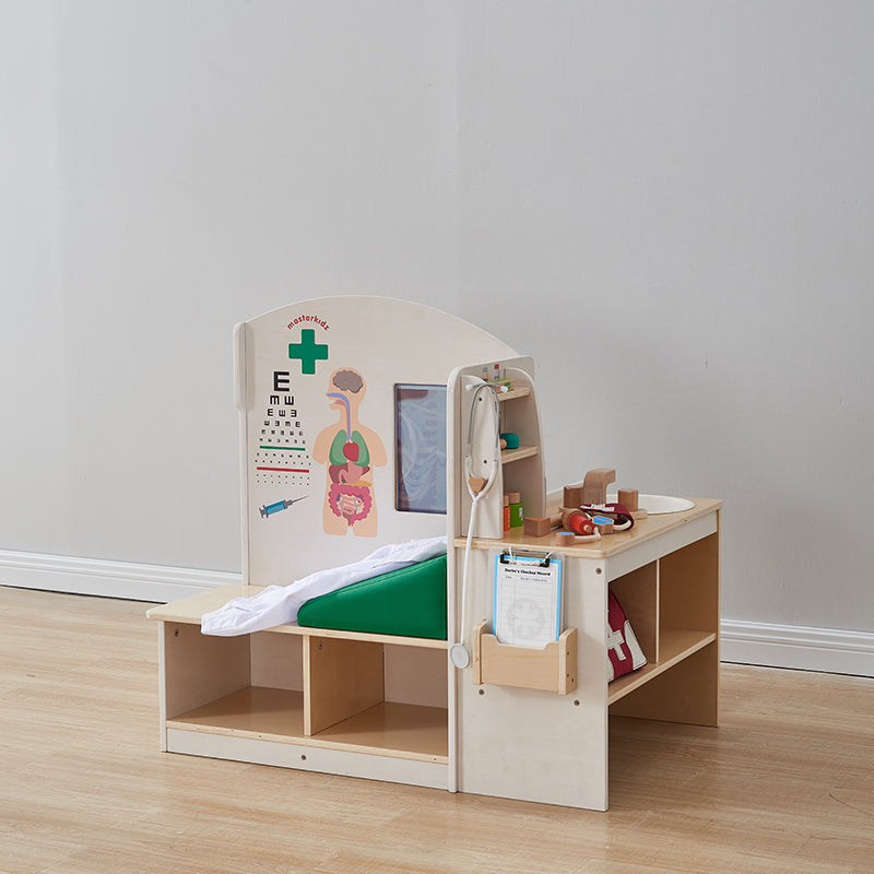 Masterkidz Dramatic Play – Clinic set in preschool classroom, promoting healthcare role play with durable wooden pieces