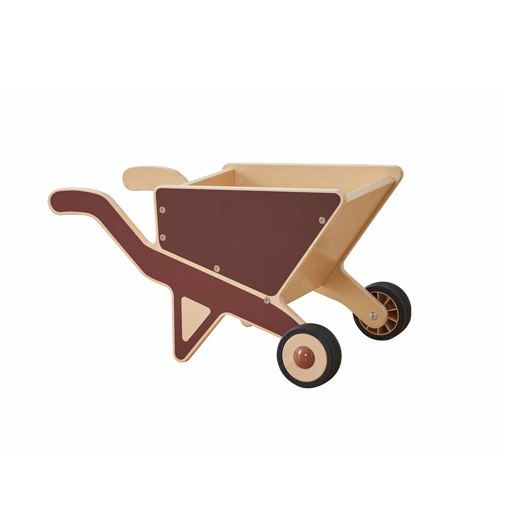 Masterkidz Happy Farming retro wooden wheelbarrow filled with play vegetables.