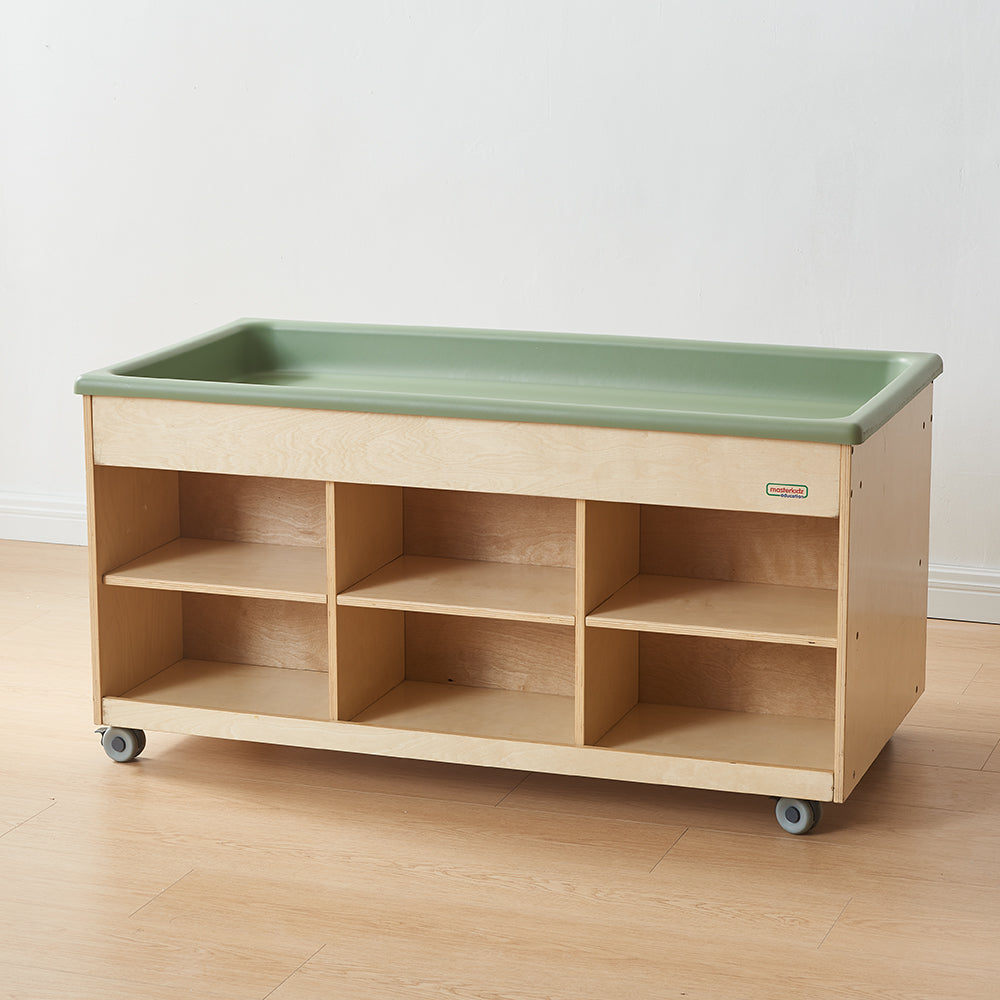 Masterkidz mobile sensory station featuring dual-level storage shelves and a top-mounted play tray.