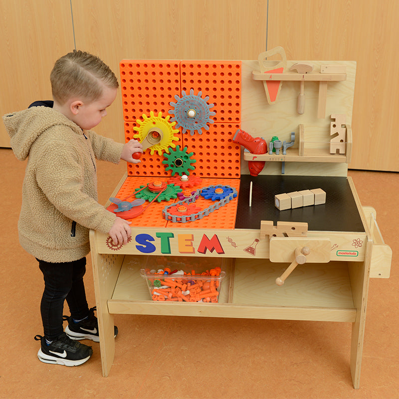 Children using Masterkidz 850L STEM Workbench for creative construction and problem-solving in preschool