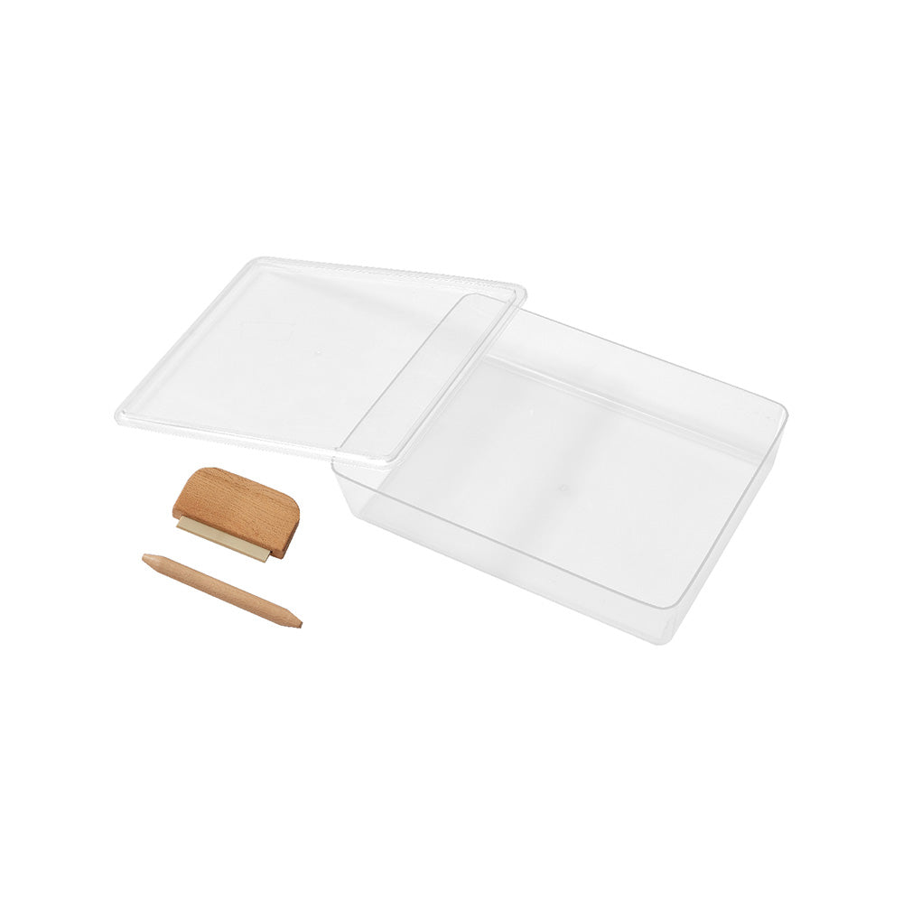 Durable hard-wearing plastic tray with snap-on lid for storage.