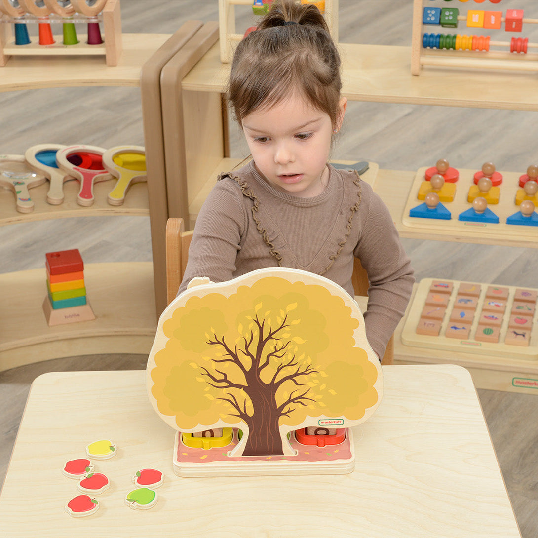 Close-up of magnetic apples and dice holders for interactive numeracy play.