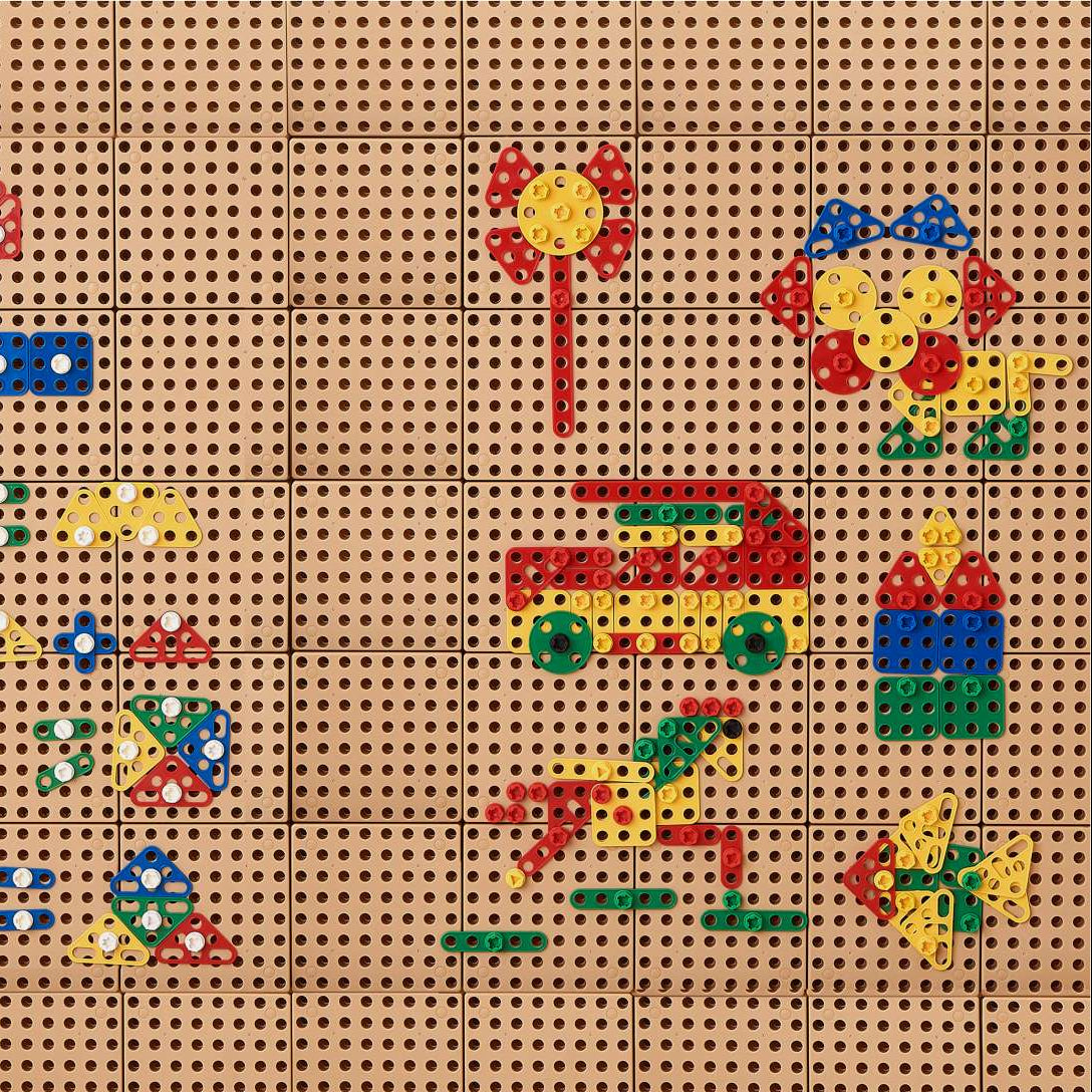 Squares, triangles, circles, and semi-circles in multiple colours and sizes.