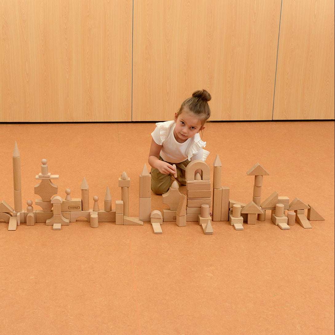 A complete castle scene built with Masterkidz blocks featuring steeples, towers and gateways.