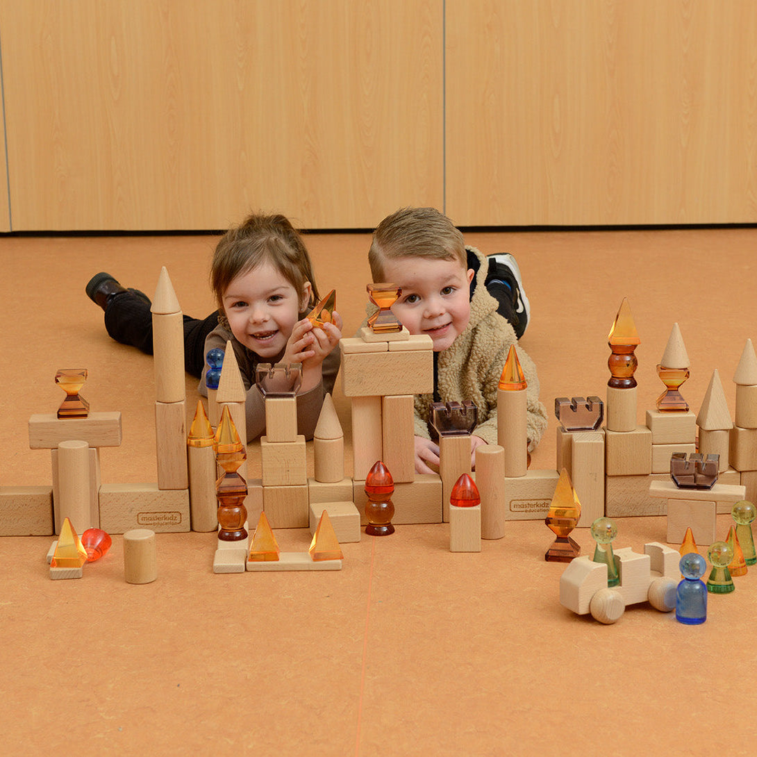 119 Pcs Creative Castle Building Set - Translucent Acrylic & Beechwood Blocks for Kids, STEM Sensory Toys with Light & Color Learning for Small World Scenes