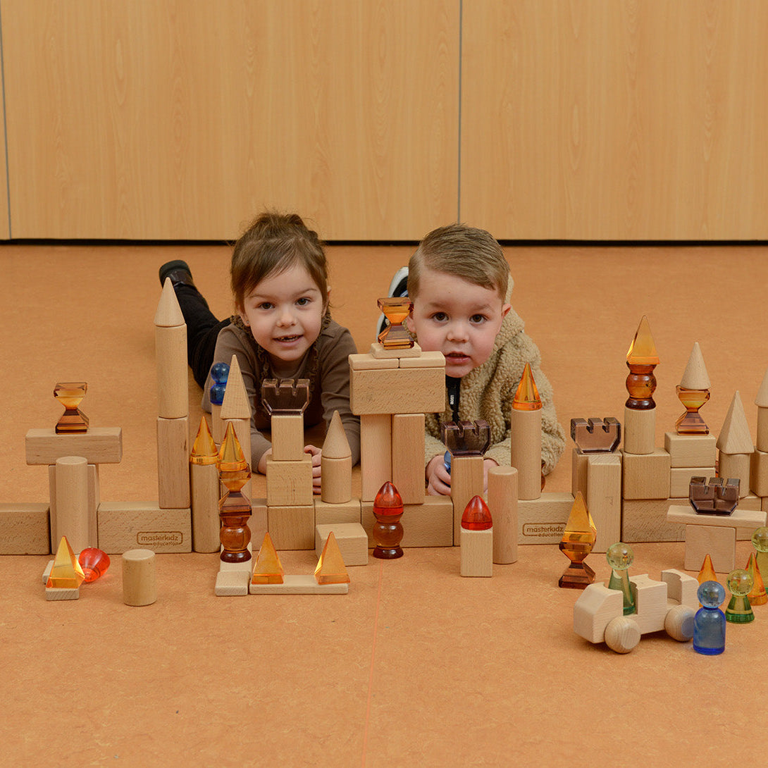 119 Pcs Creative Castle Building Set - Translucent Acrylic & Beechwood Blocks for Kids, STEM Sensory Toys with Light & Color Learning for Small World Scenes